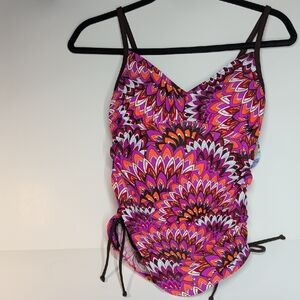 NWT prAna Moorea Tankini Top, Neon Berry Flora Women's Small Ruched Swimsuit NEW